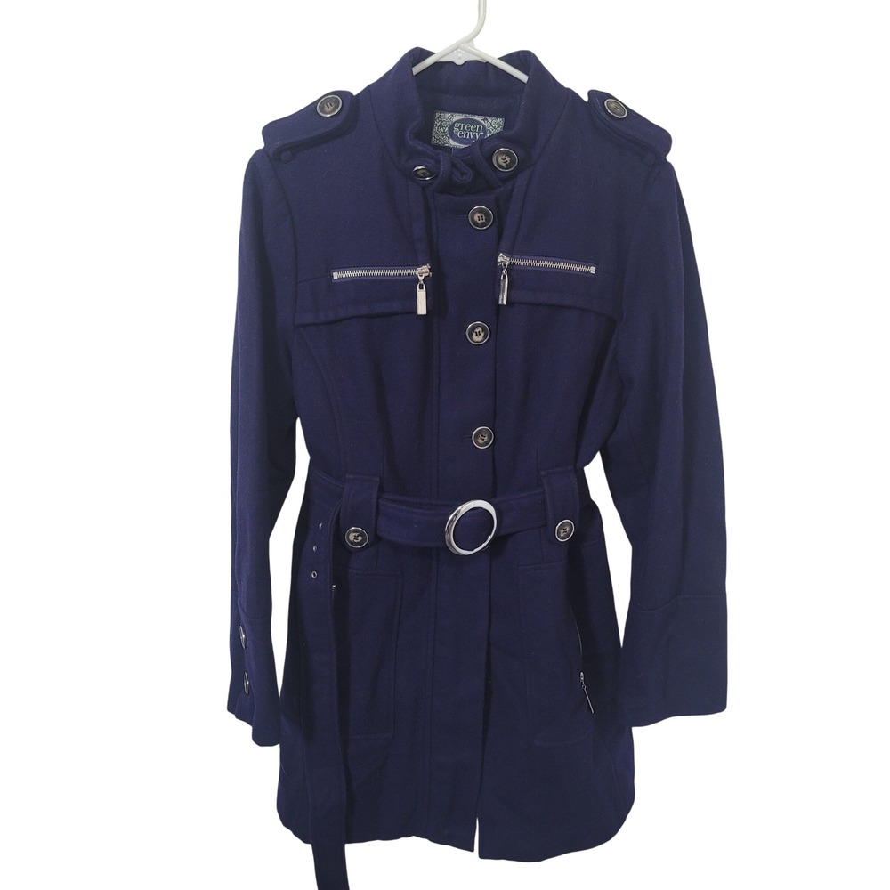 Green Envy Large Trench Coat Womens Navy Blue Military Belted Wool Blend Jacket